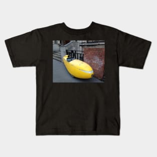 Eco-Adventure Vibes: Yellow Velomobile in London Streets Kids T-Shirt